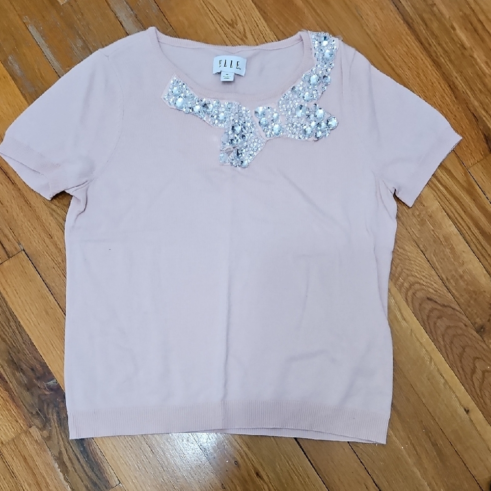 Elle Light Pink Short Sleeve Sweater with  Crystal Embellishments